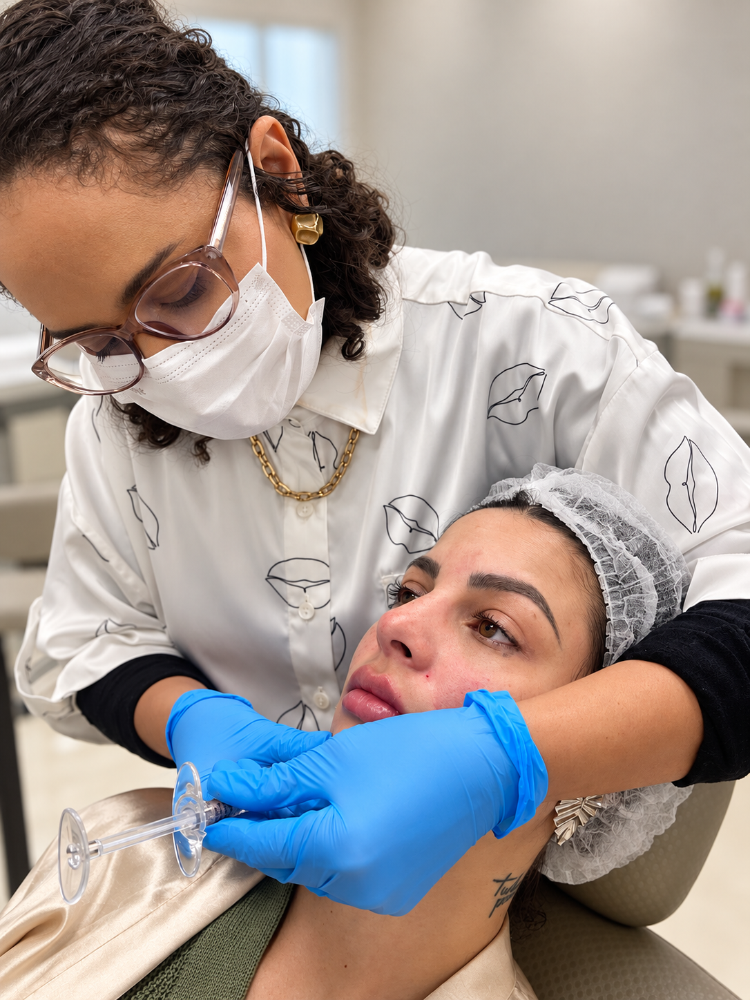 Camila realizando um cuidado injetável na região facial
